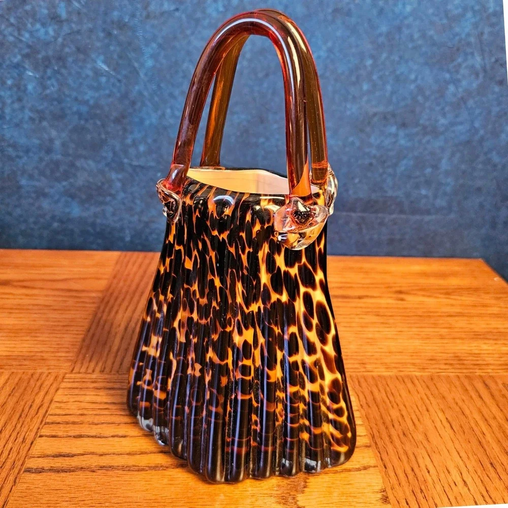 Vintage Art Glass Tortoiseshell Purse Vase Amber Brown Leopard Print Hand Blown